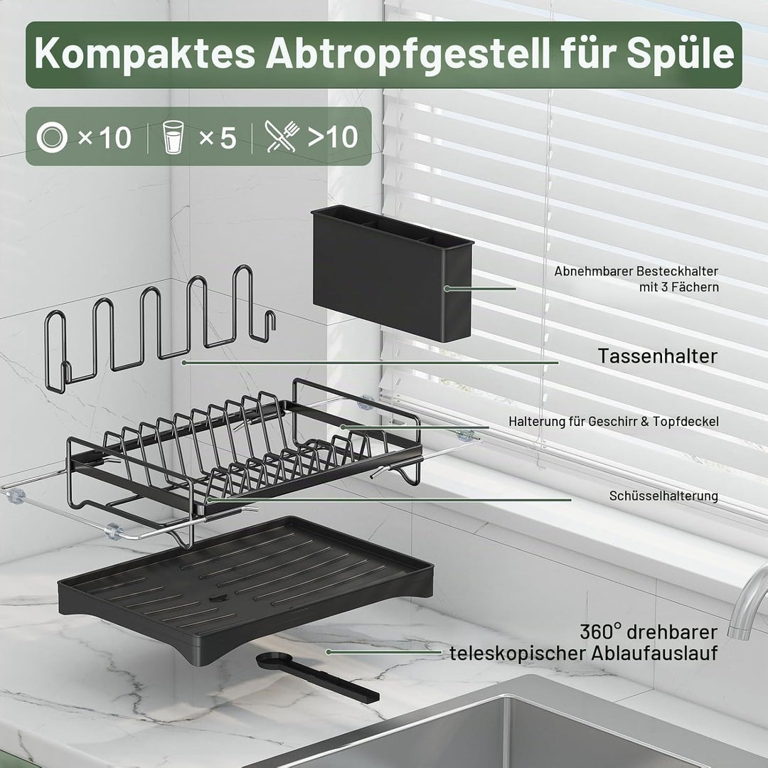 Aufworld ausziehbarer Geschirrabtropfer aus 304 Edelstahl mit Abtropffläche, Über-die-Spüle-Geschirr