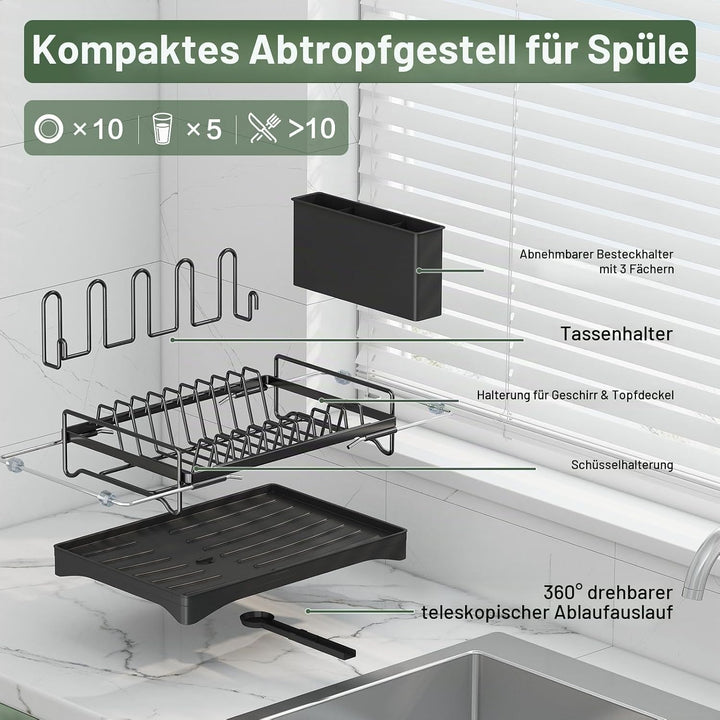 Aufworld ausziehbarer Geschirrabtropfer aus 304 Edelstahl mit Abtropffläche, Über-die-Spüle-Geschirr