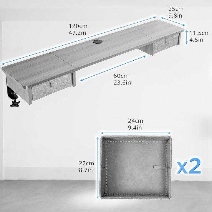 Duronic DD2 GY Schreibtischaufsatz für 2 Monitore, Schreibtisch Erweiterung mit Schubladen, 120 x 25