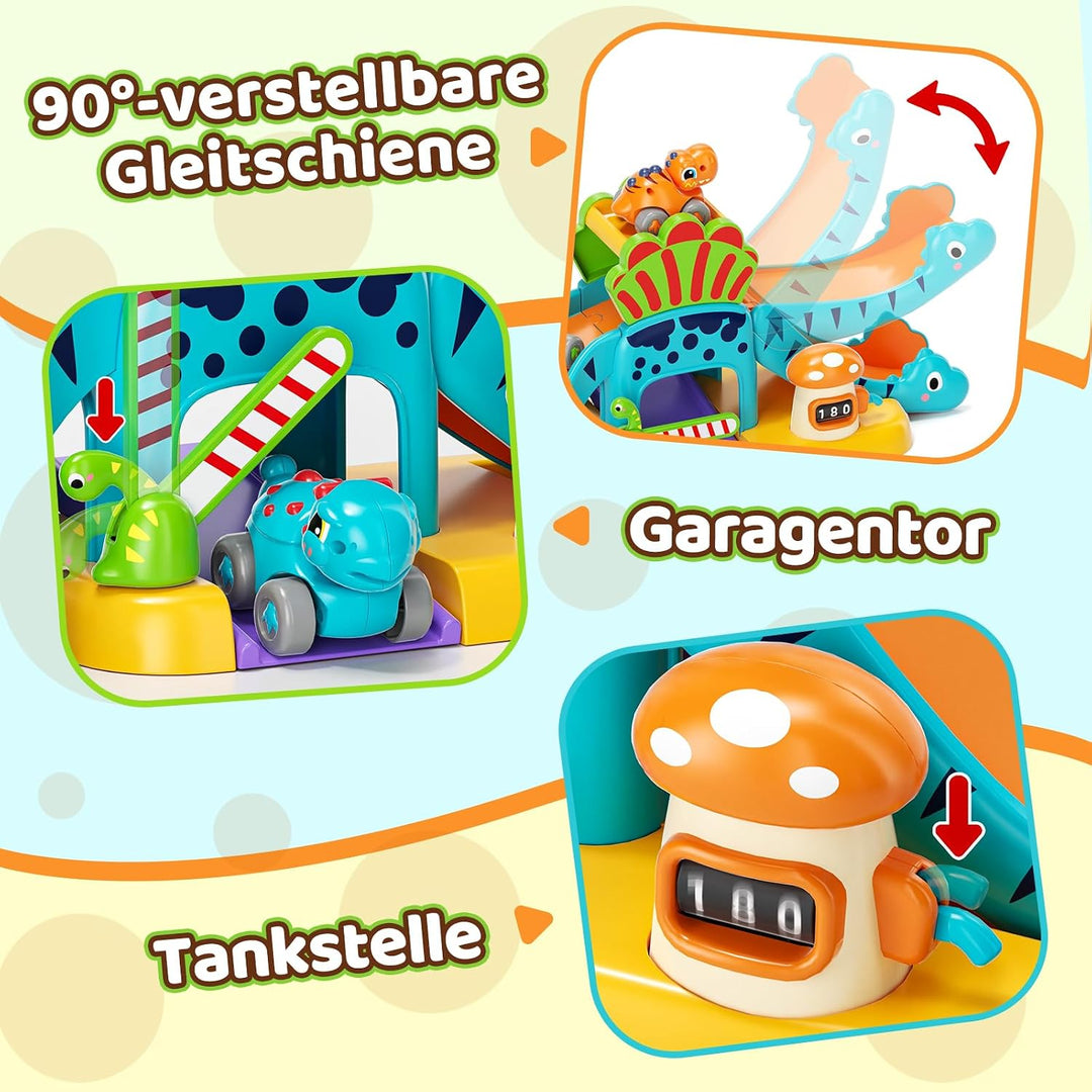 Lehoo Castle Kinderspielzeug ab 1 Jahr, Geschenk für Jungen Mädchen | 4 Dinosaurier Autos mit Parkpl
