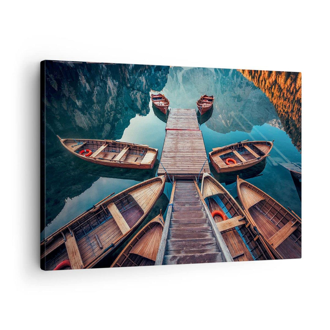 Bilder auf Leinwand Berge Boot Wasser Leinwandbild mit Rahmen 70x50cm Wandbilder Dekoration Wohnzimm