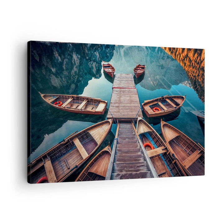 Bilder auf Leinwand Berge Boot Wasser Leinwandbild mit Rahmen 70x50cm Wandbilder Dekoration Wohnzimm