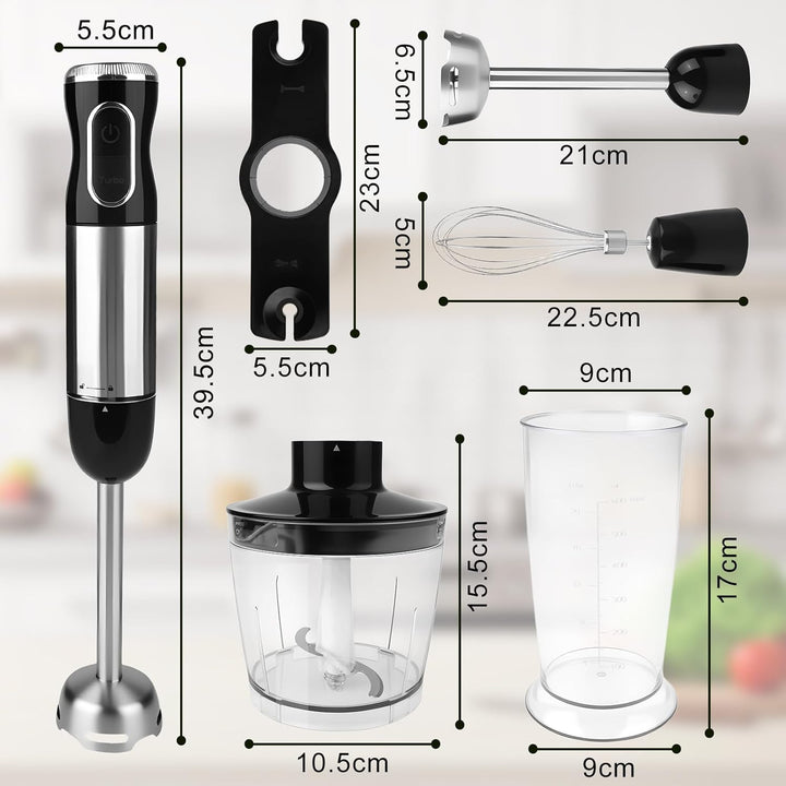 Dreamhigh® 4-in-1 Elektrische Stabmixer Set, 1000W Purierstab mit 12 Geschwindigkeiten & TURBO, inkl
