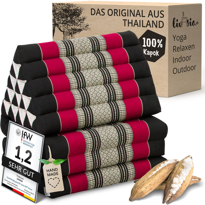 livasia Thaikissen 3 Auflagen extrahoch - 185x55x8cm - Dreieckskissen mit Klappmatratze, Kapok, Jumb
