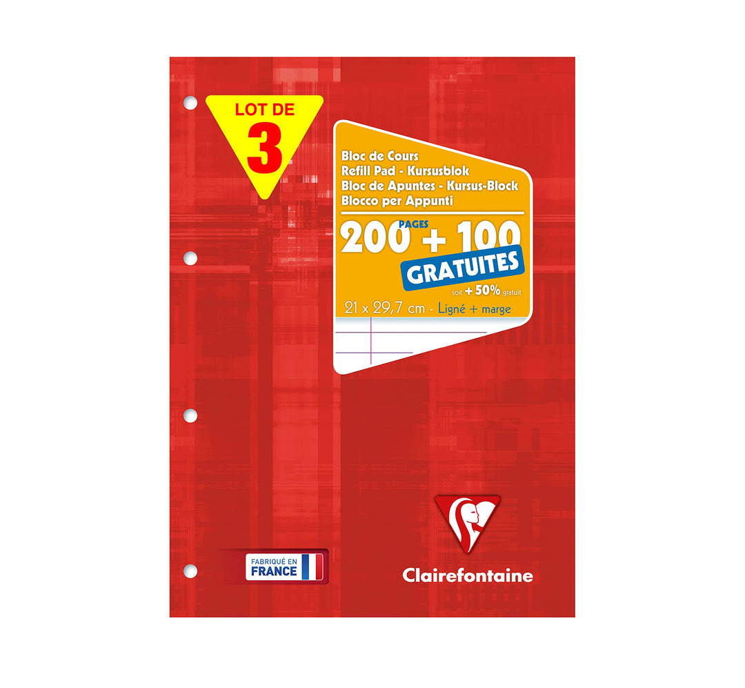 Clairefontaine 65818AMZC - Set mit 3 Kursusblöcken, 150 Blatt, 90g, liniert mit Rand, 4-fach gelocht