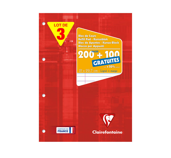 Clairefontaine 65818AMZC - Set mit 3 Kursusblöcken, 150 Blatt, 90g, liniert mit Rand, 4-fach gelocht