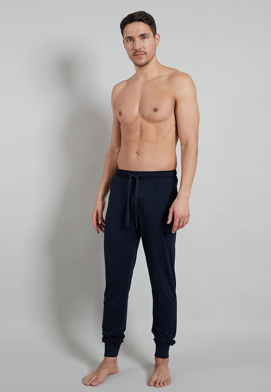 Götzburg Herren Lange-Hose, Baumwolle, Single Jersey, grau, melange, mit Bündchen M Blau-dunkel-uni,