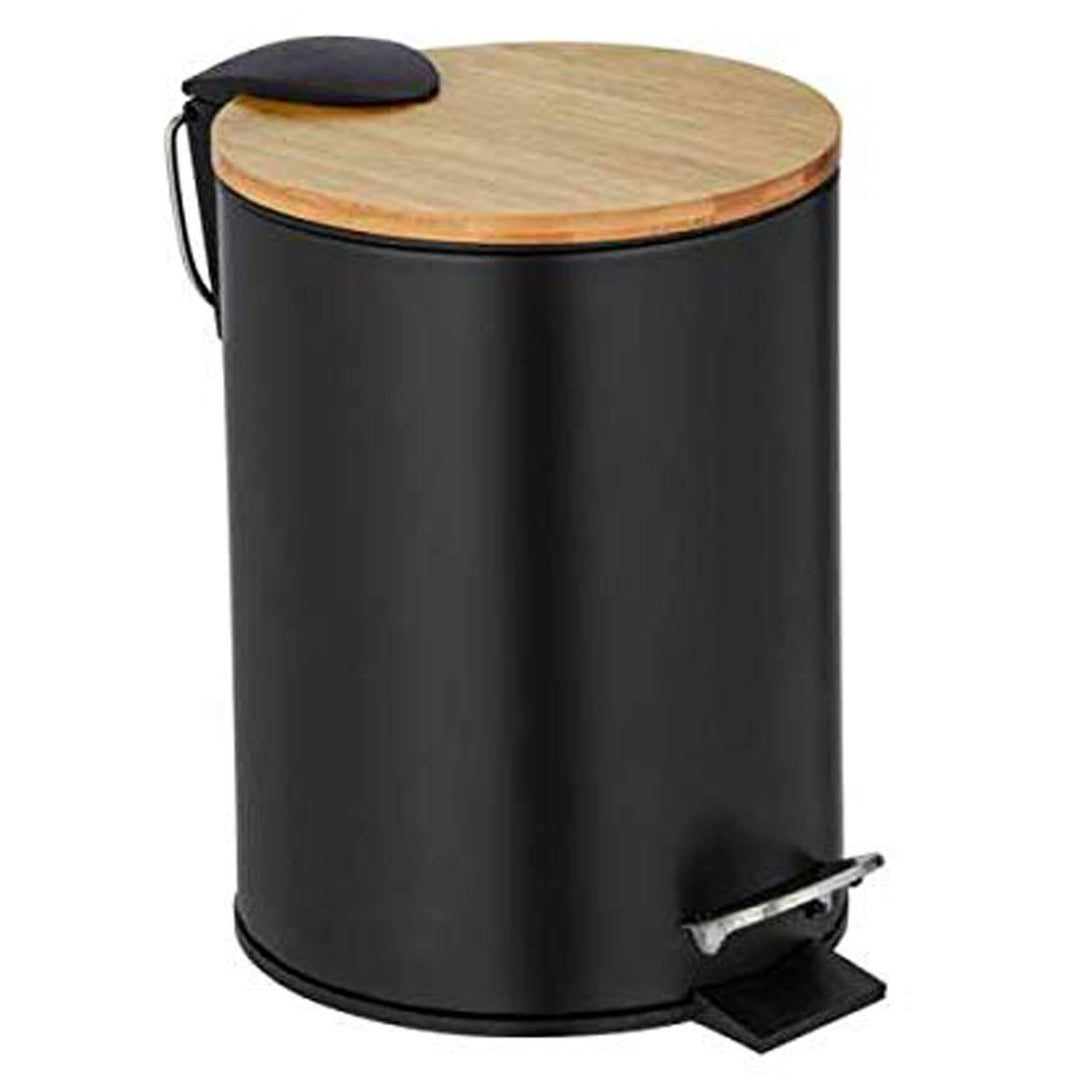 WENKO Kosmetik-Treteimer Mod. Tortona, schwarzer Eimer mit Bambusdeckel, 3 Liter, Badezimmer-Mülleim