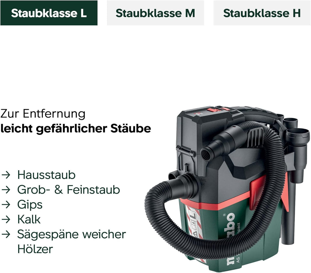 Metabo AS 18 L PC Compact Akku-Sauger 18V - Karton- mit manueller Filterreinigung - 602028850