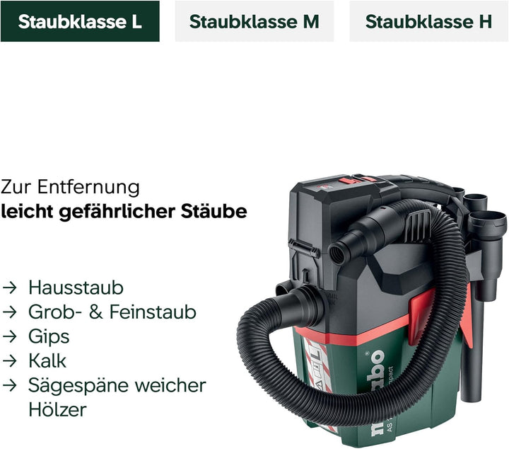 Metabo AS 18 L PC Compact Akku-Sauger 18V - Karton- mit manueller Filterreinigung - 602028850