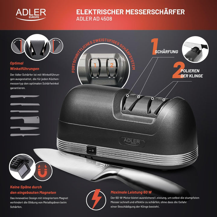 Adler AD 4508 elektrischer Messerschärfer, 2-stufiges System, 60W, rutschfeste Füsse, keine Metallsp