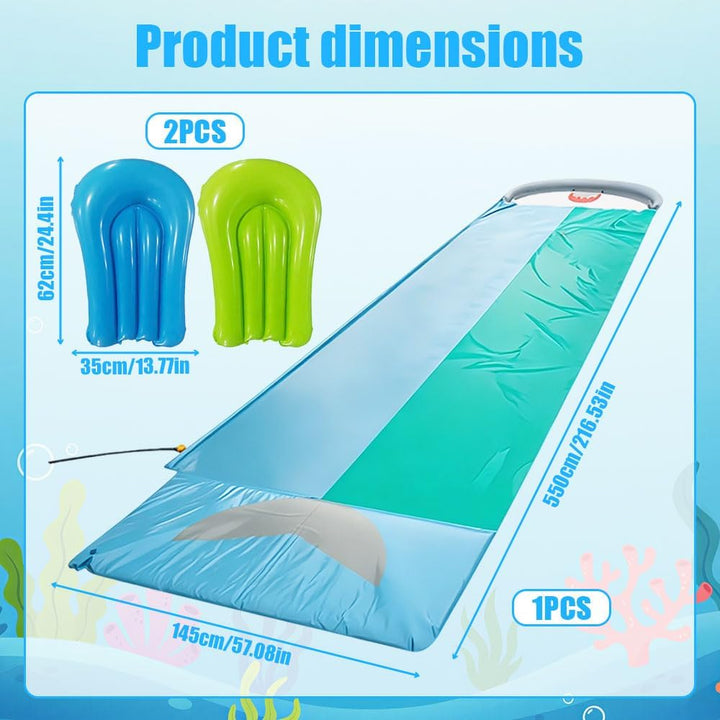 Mineup Wasserrutsche Garten, 550 * 140CM Wasserrutschmatte mit 2 Bodyboards, Doppelrutsche mit Einge