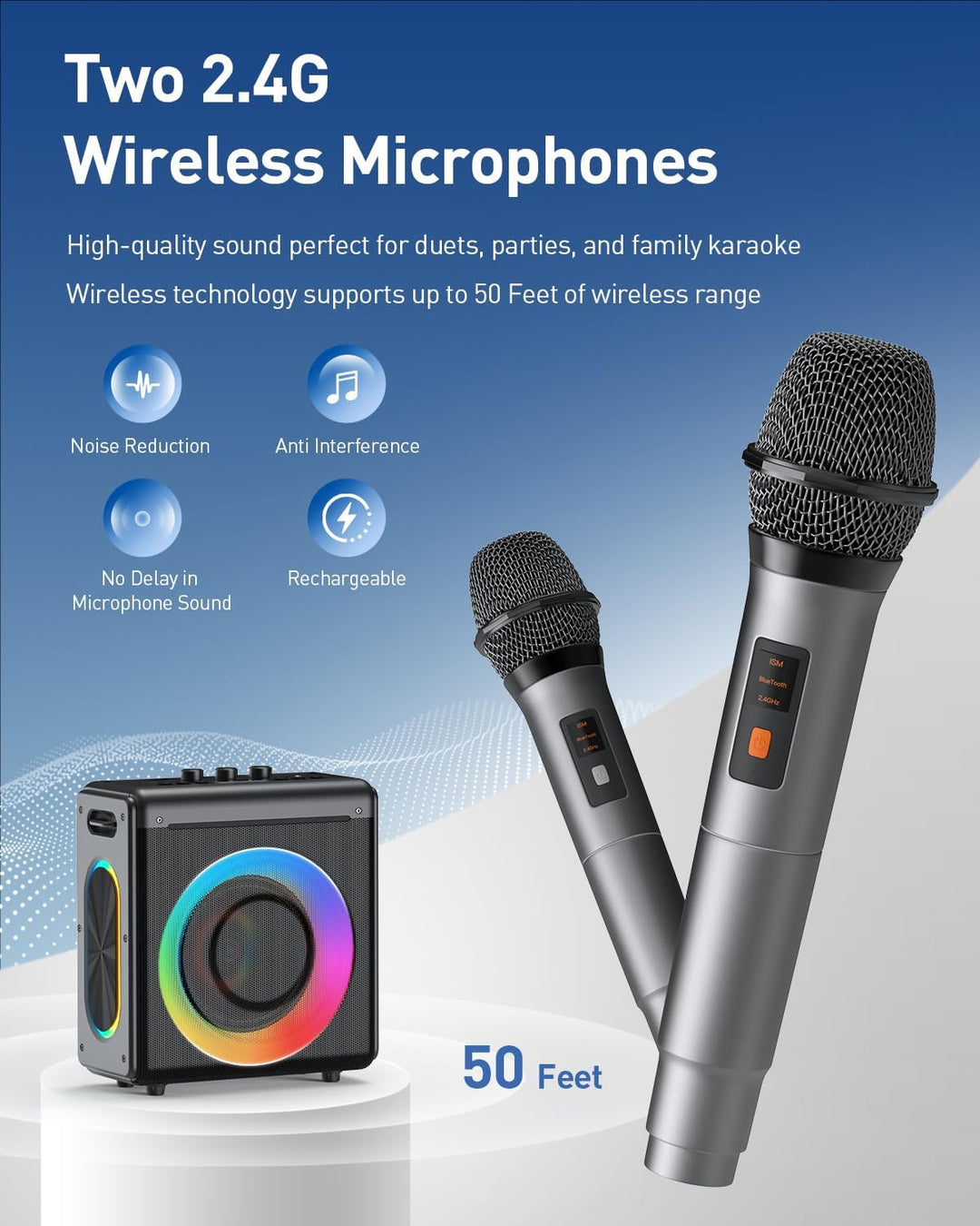 Karaoke Maschine mit 2 mikrofonen, wiederaufladbaren Mikrofonen: Tragbarer Bluetooth-Lautsprecher fü