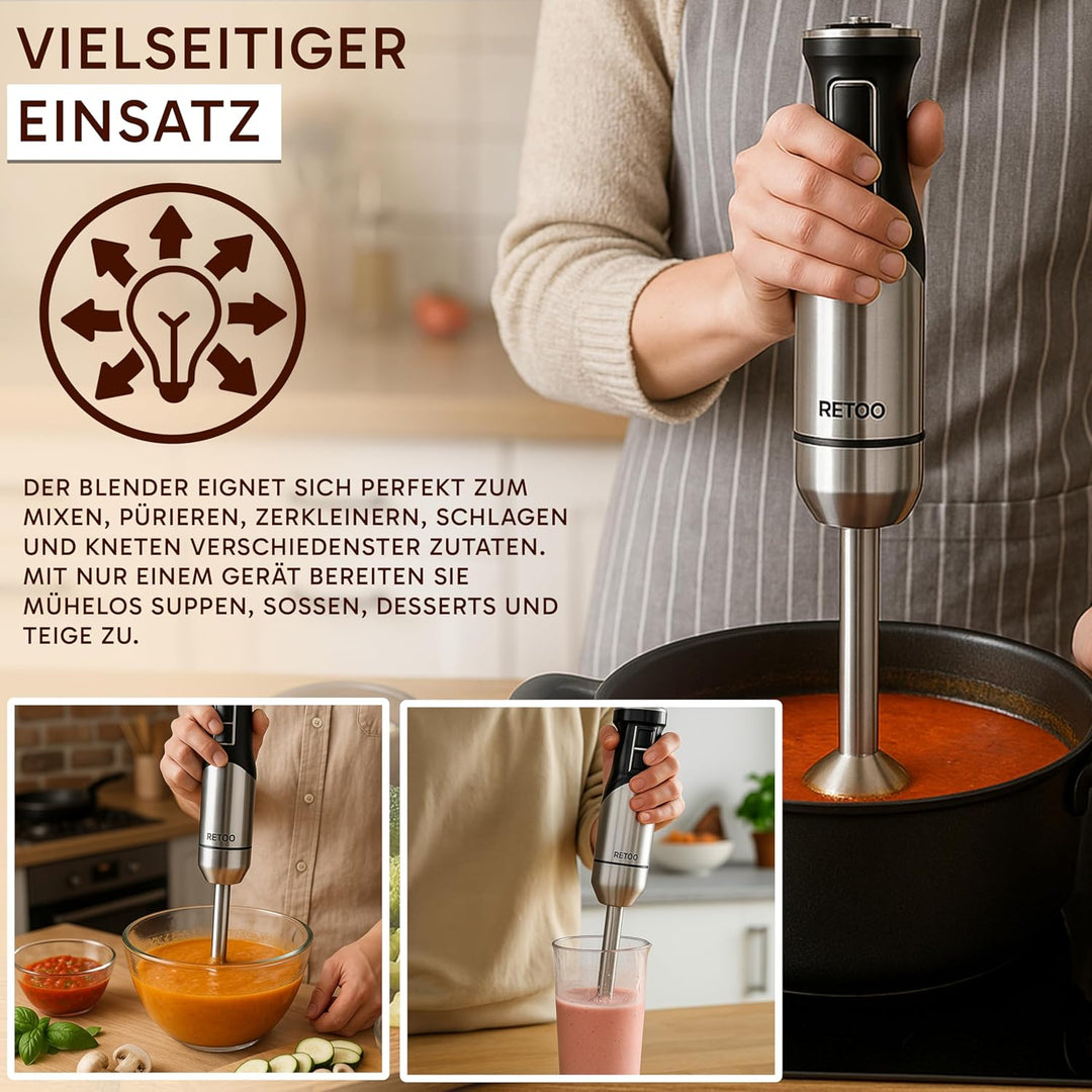 Retoo Stabmixer Set 1200W 15000 U/min Pürierstab mit Turbofunktion und 8 Geschwindigkeitsstufen Krag