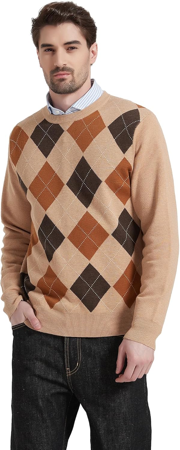 Kallspin Herren Wollmischung Strickpullover Argyle Rundhalsausschnitt Pullover Sweater 3XL Tall Khak