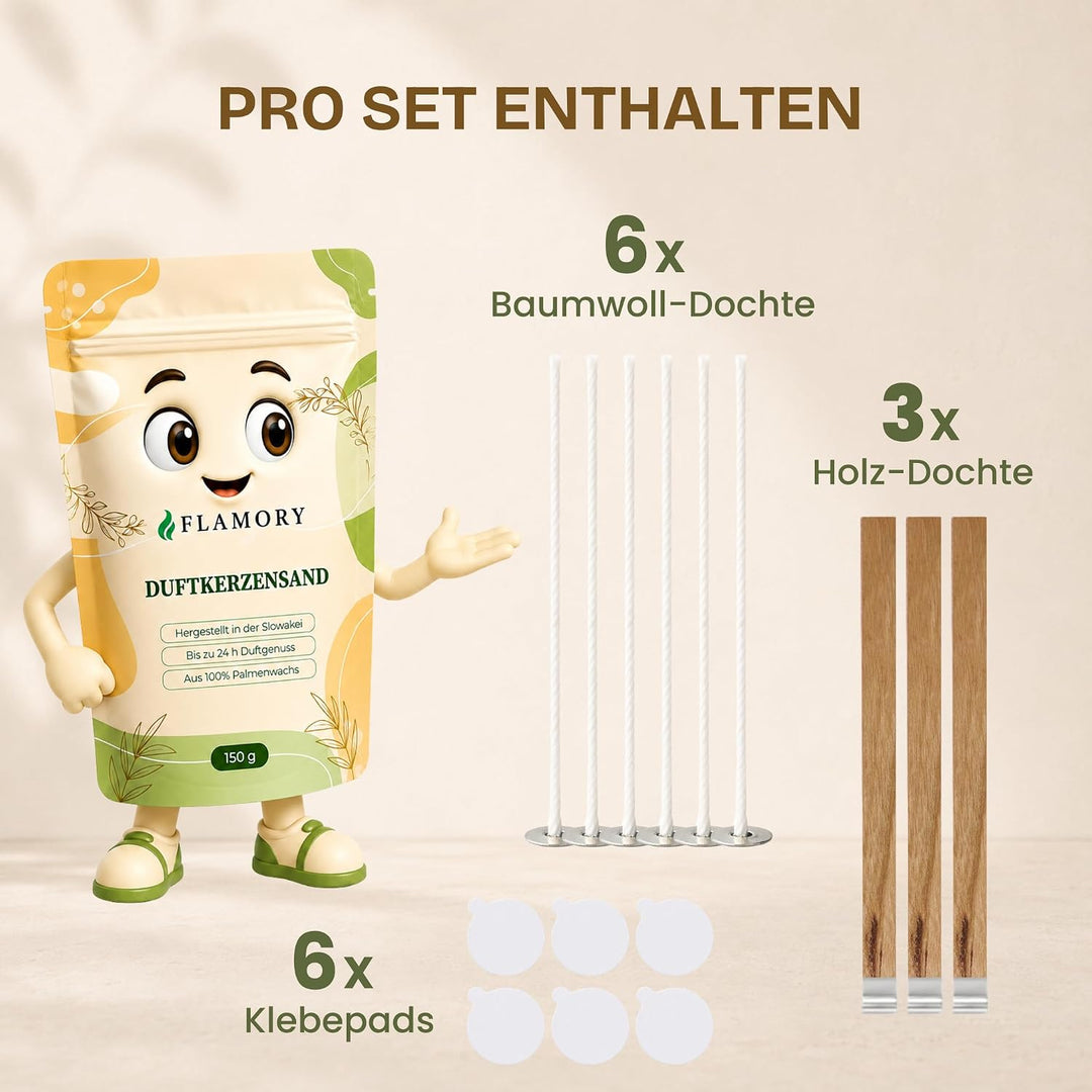 Duftkerzensand Probierset – Kerzensand mit Duft & 9 Dochten – ohne Paraffin – aus Pflanzenwachs – ei