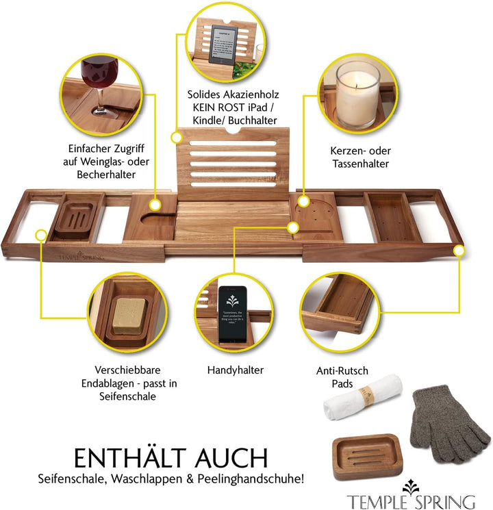Temple Spring Akazie Badewannenablage, Badewannenablage Holz für badewannen zubehör, Badewannenbrett