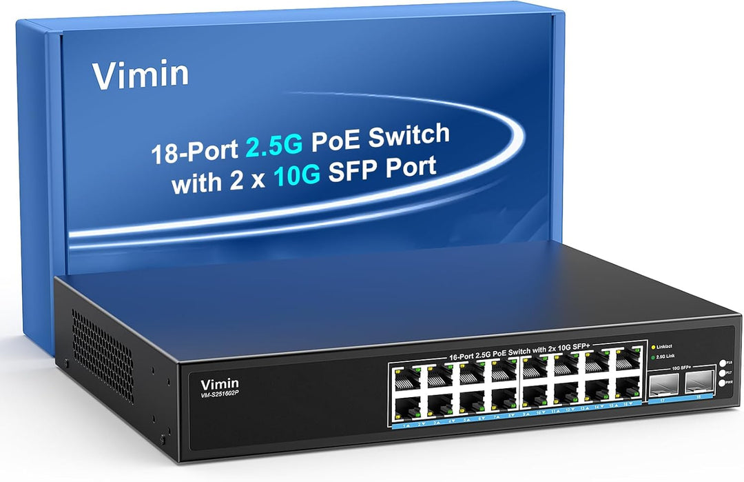 16 Port 2.5G PoE Switch Unmanaged mit 2X 10Gbps SFP, VIMIN 16x 2.5G Base-T PoE Ports, 10G SFP PoE Sw