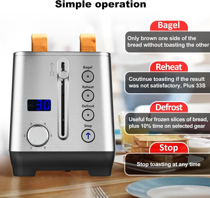 Toaster 4 Scheiben, Doppel-Langschlitztoaster Brötchenaufsatz Krümelschublade LCD Display mit Restze