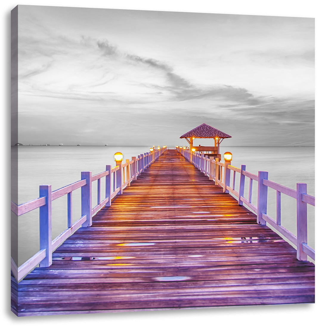 Pixxprint Steg ins Meer bei Sonnenuntergang Schwarz/Weiss, Format: 70x70 auf Leinwand, 70x70