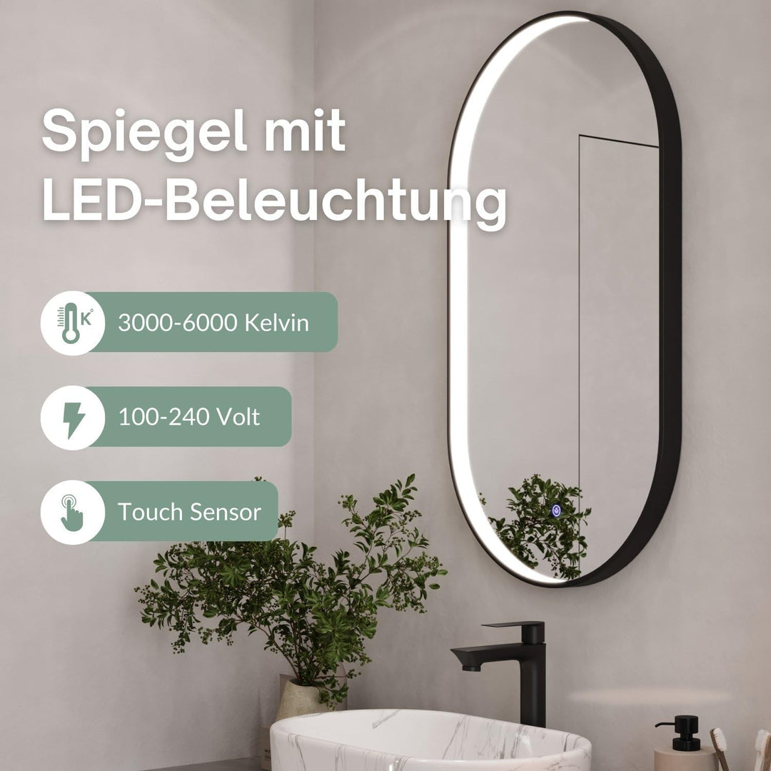 Planetmöbel GLORA Badspiegel mit Beleuchtung 50 x 90 cm, Spiegel mit Rahmen, 3 Lichtstufen (3000-600