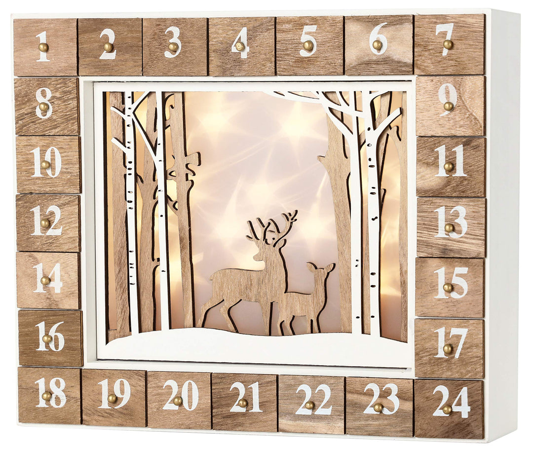 BRUBAKER Adventskalender aus Holz zum Befüllen - Weisse Winterlandschaft mit LED Beleuchtung - Wiede