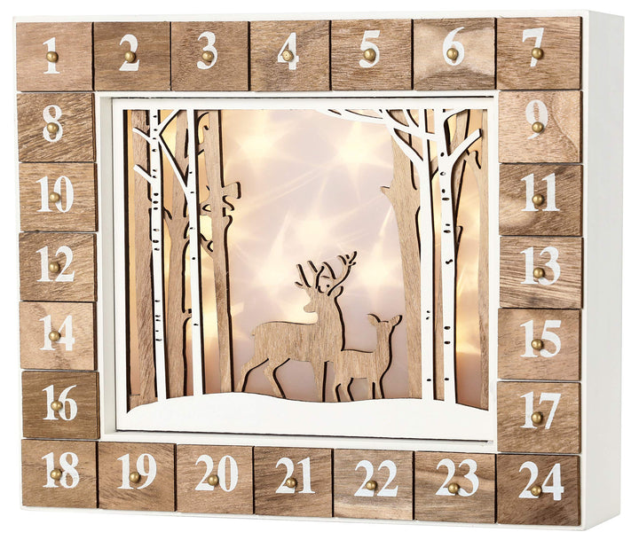 BRUBAKER Adventskalender aus Holz zum Befüllen - Weisse Winterlandschaft mit LED Beleuchtung - Wiede