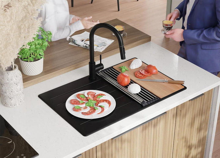 Granitspüle Schwarz 78x50 cm, Spülbecken + Ablauf-Set + Küchenarmatur 9050, Küchenspüle für 45er Unt