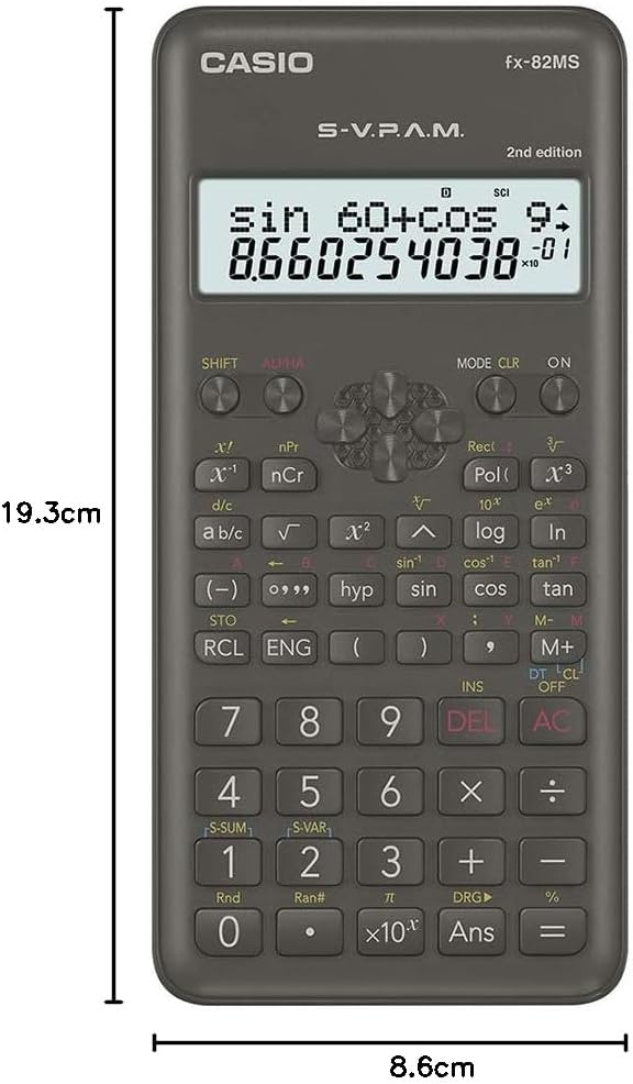 Casio fx-82MS Taschenrechner, wissenschaftlicher Taschenrechner, Schwarz, 12 Ziffern, 2 Zeilen, Batt