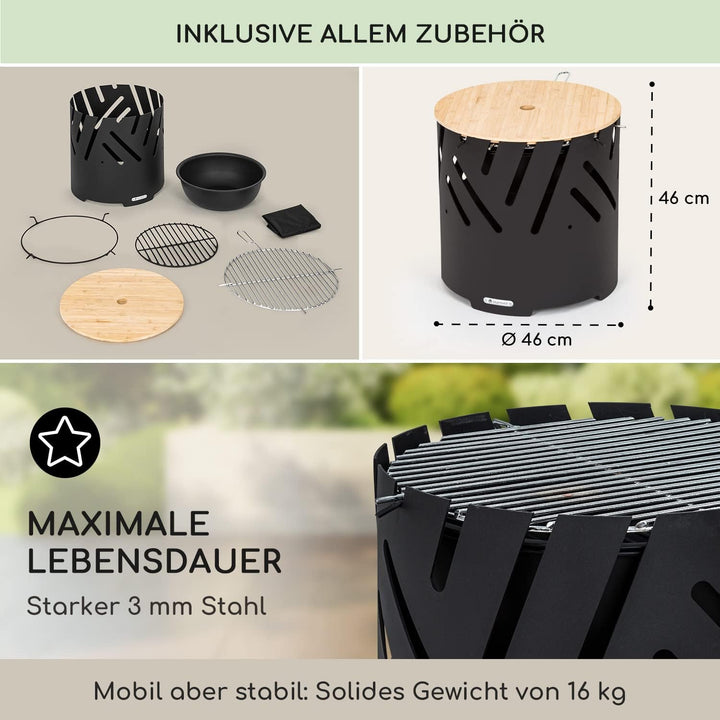 Blumfeldt Feuerschale mit Grillrost, Outdoor Stahl-Feuerschale Gross für Balkon & Camping, Mobile Fe