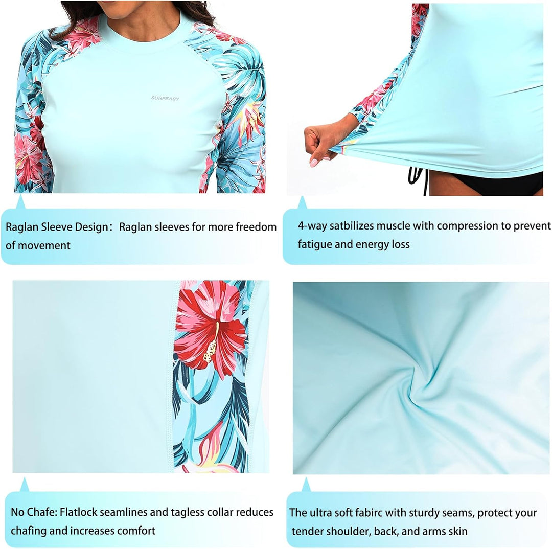 SURFEASY Damen Rash Guard Langarm Sonnenschutz Schnelltrocknend Badeshirt Surf Shirt Schwimmen Badem
