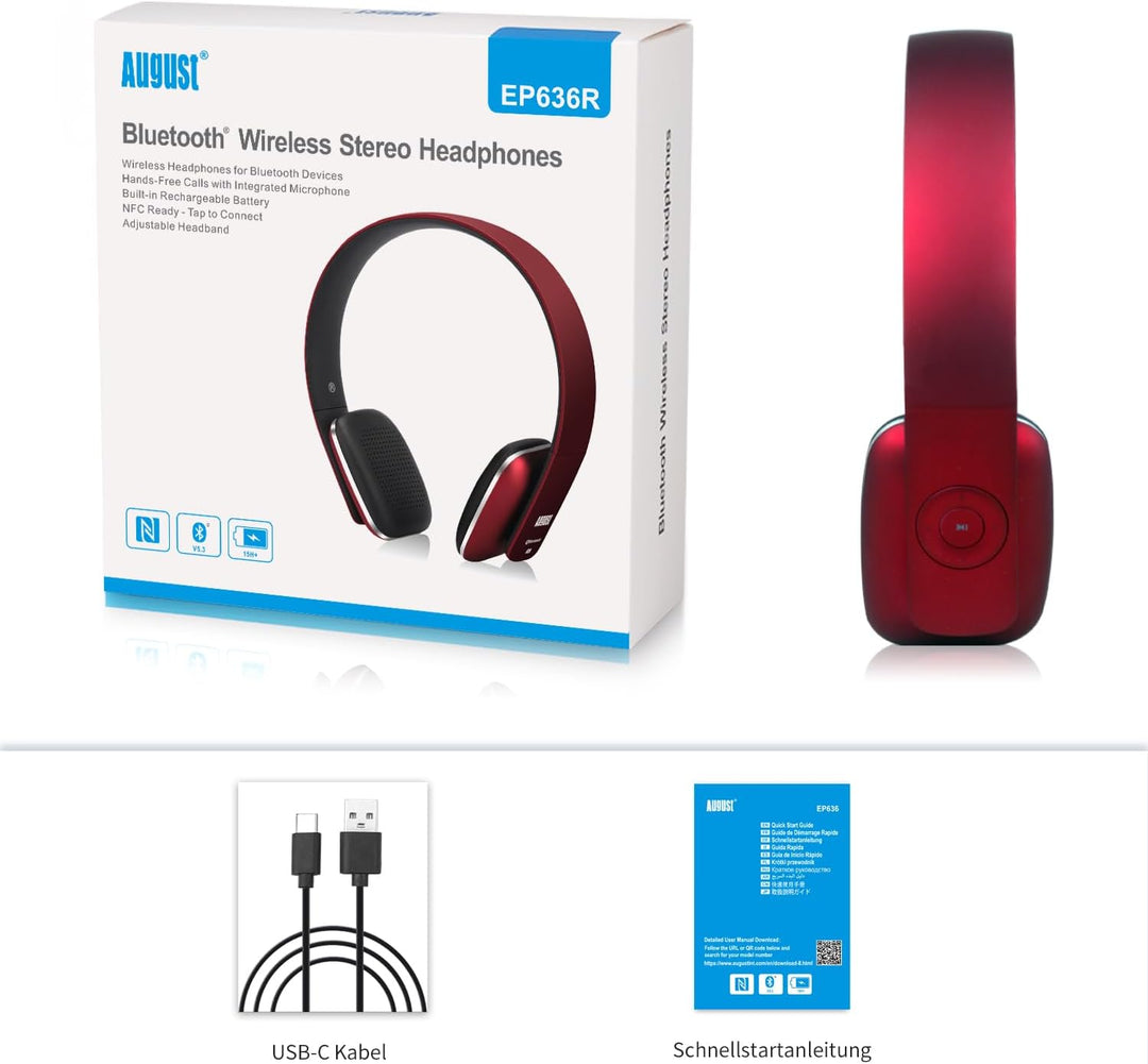 August EP636 - Bluetooth v4.1 NFC Kopfhörer - kabellose Bluetooth Stereo Kopfhörer mit Freisprechfun