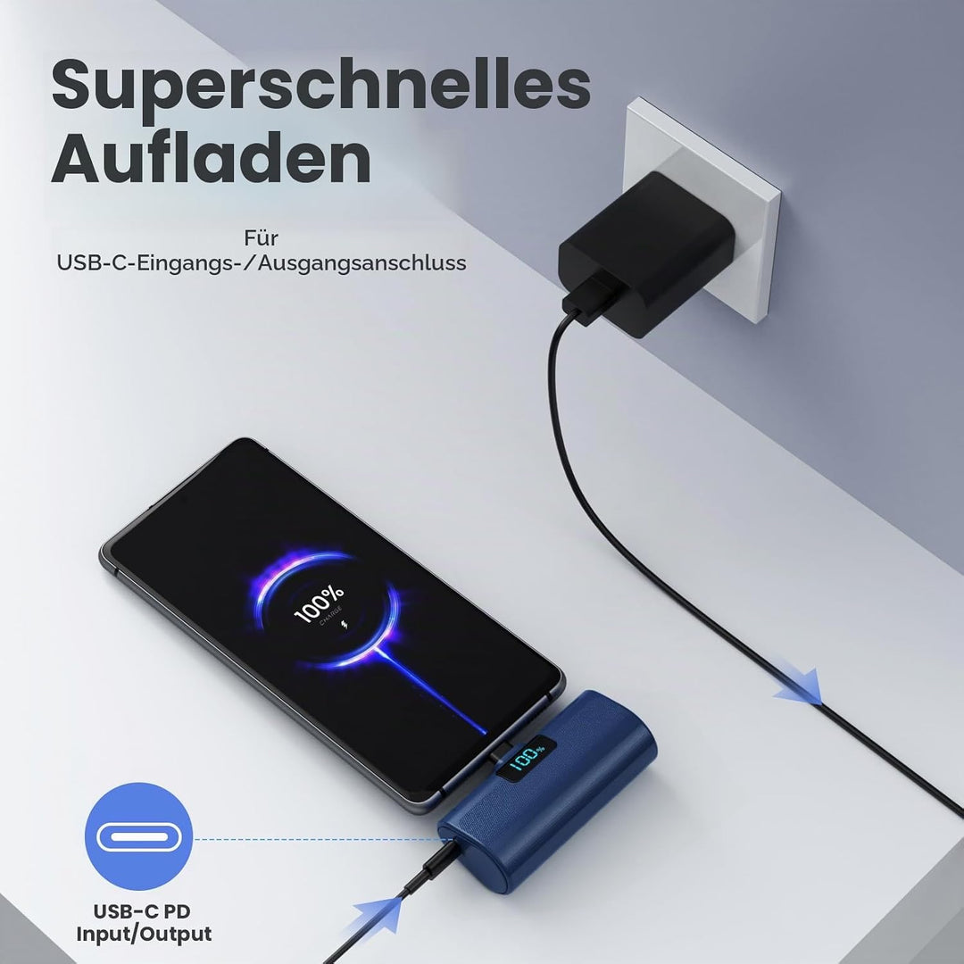 Mini Powerbank 5200mAh, Klein Power Bank USB C PD Externer Akku, Compact LCD Digitalanzeige Akkupack