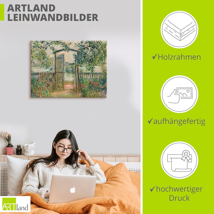 ARTland Leinwandbild Wandbild Bild auf Leinwand 80x60 cm Wanddeko Garten Zaun Pflanzen Bäume Blumen