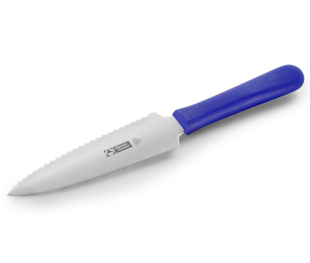 thermohauser Tortenmesser mit beidseitigem Sägen- und Wellenschliff und blauem Kunststoffgriff - ros
