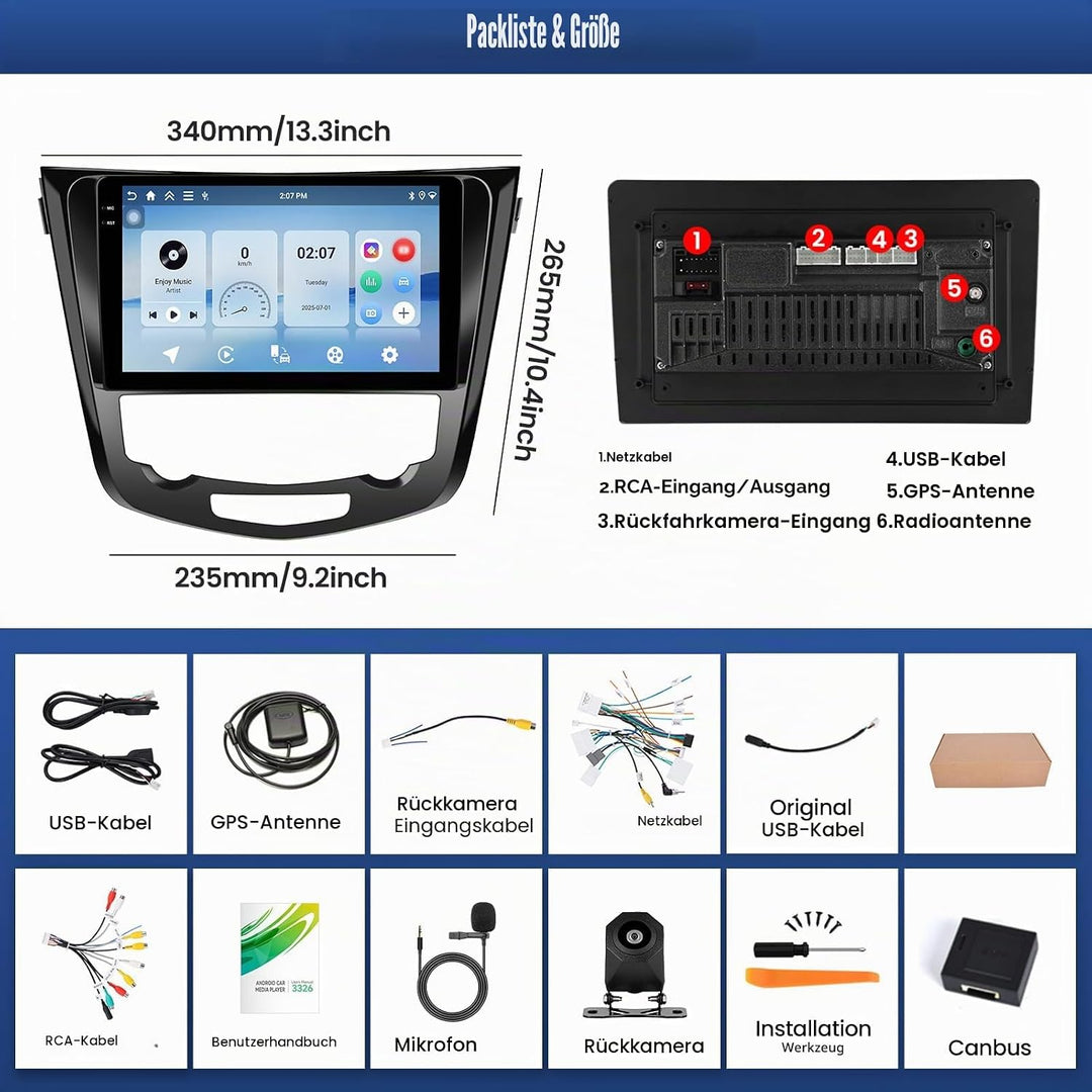CAMECHO 4+64G 10 Zoll Android 15 Autoradio für Nissan Qashqai J11 X-Trail T32 2014-2018 mit Wireless