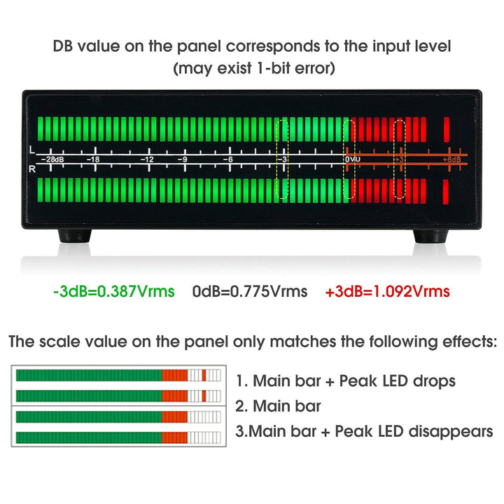 MIC+LINE Zweikanal LED Schallpegelmesser Bildschirmanzeige Musikspektrum Stereo Cinch/3,5 mm AUX Aud