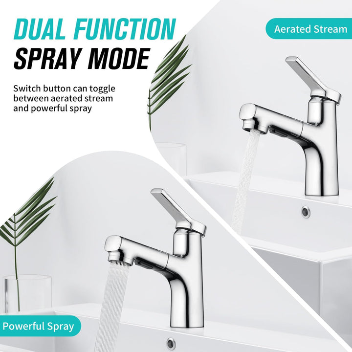 CREA Modern Waschtischarmatur Badezimmer mit 2 Wasserstrahlarten Brause ausziehbar, Einhebelmischer