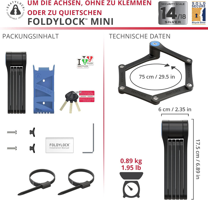 FoldyLock Mini Faltschloss mit Schlüssel - Patentiertes Testsieger Fahrradschloss mit Halterung für