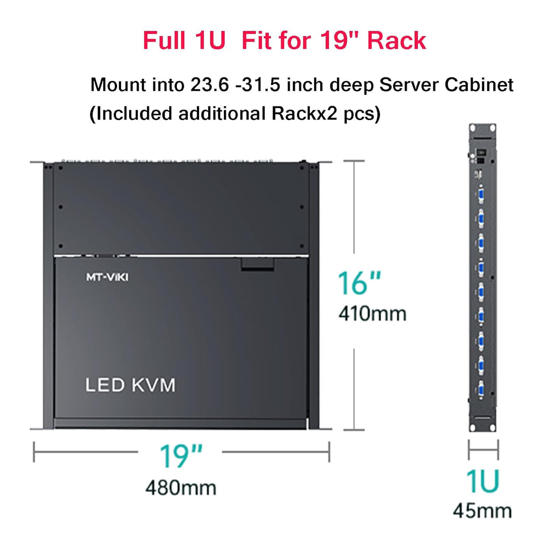 MT-VIKI 15,6'' LCD Monitor KVM Konsole VGA Integrierte Konsole 8 Port für 1U 600-800mm Server-Schran