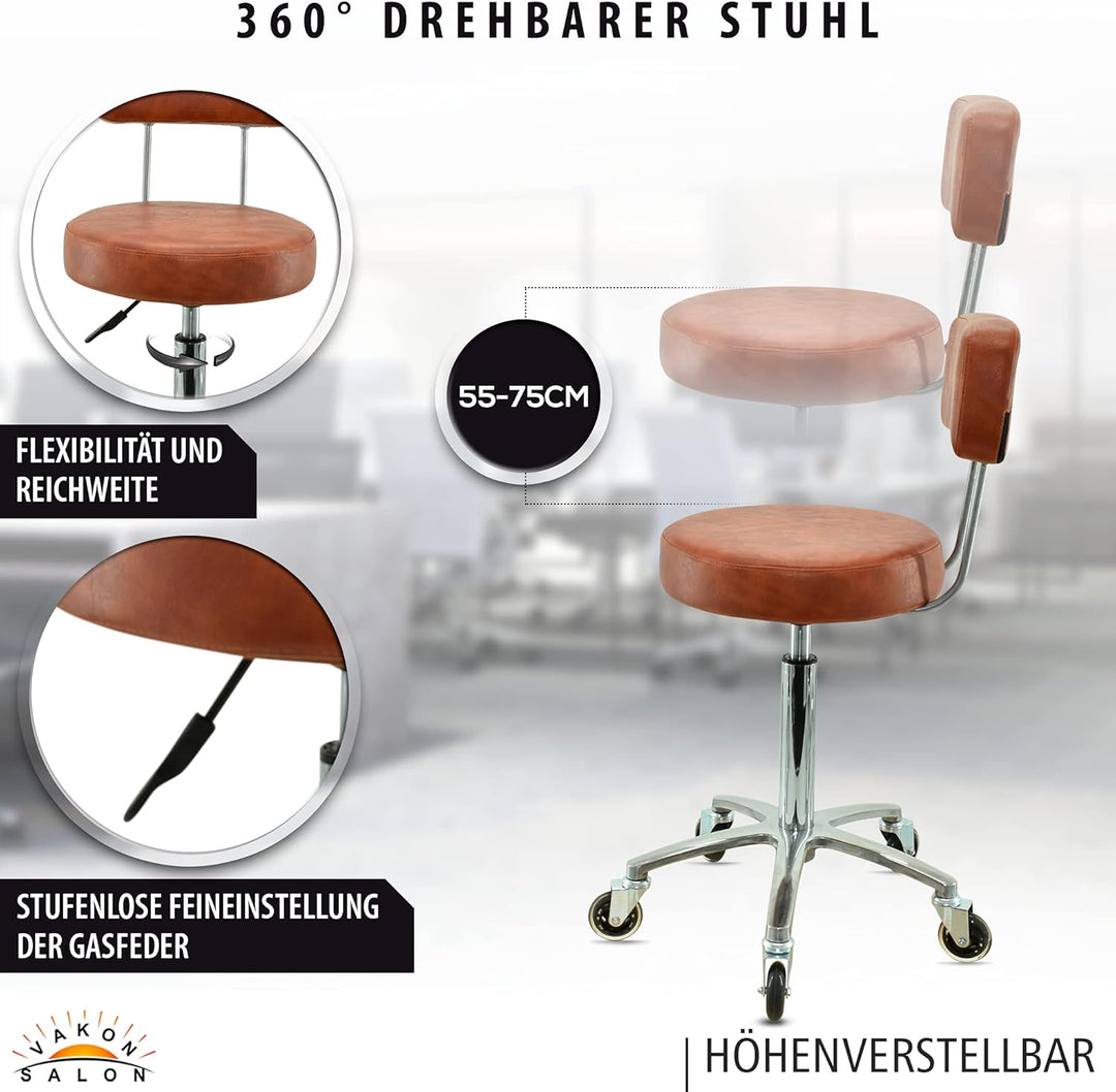 Premium Rollhocker mit Lehne in Hellbraun - Höhenverstellbar von 55 bis 75 cm - Rundsitz - Drehhocke