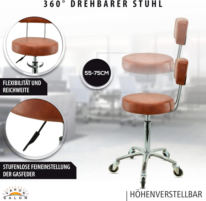 Premium Rollhocker mit Lehne in Hellbraun - Höhenverstellbar von 55 bis 75 cm - Rundsitz - Drehhocke