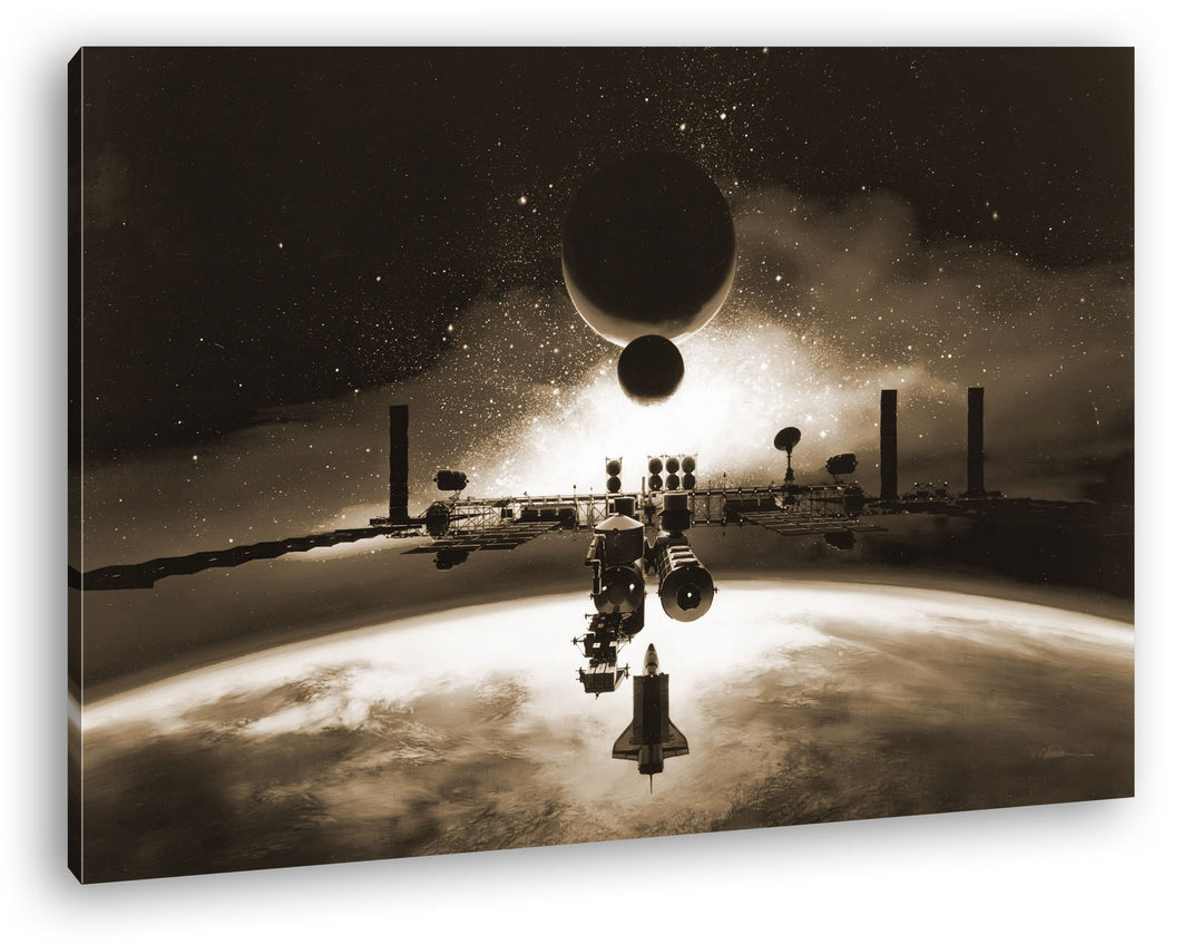 Dark ISS über der Erde Format: 80x60 Effekt: Sepia als Leinwandbild, Motiv fertig gerahmt auf Echtho