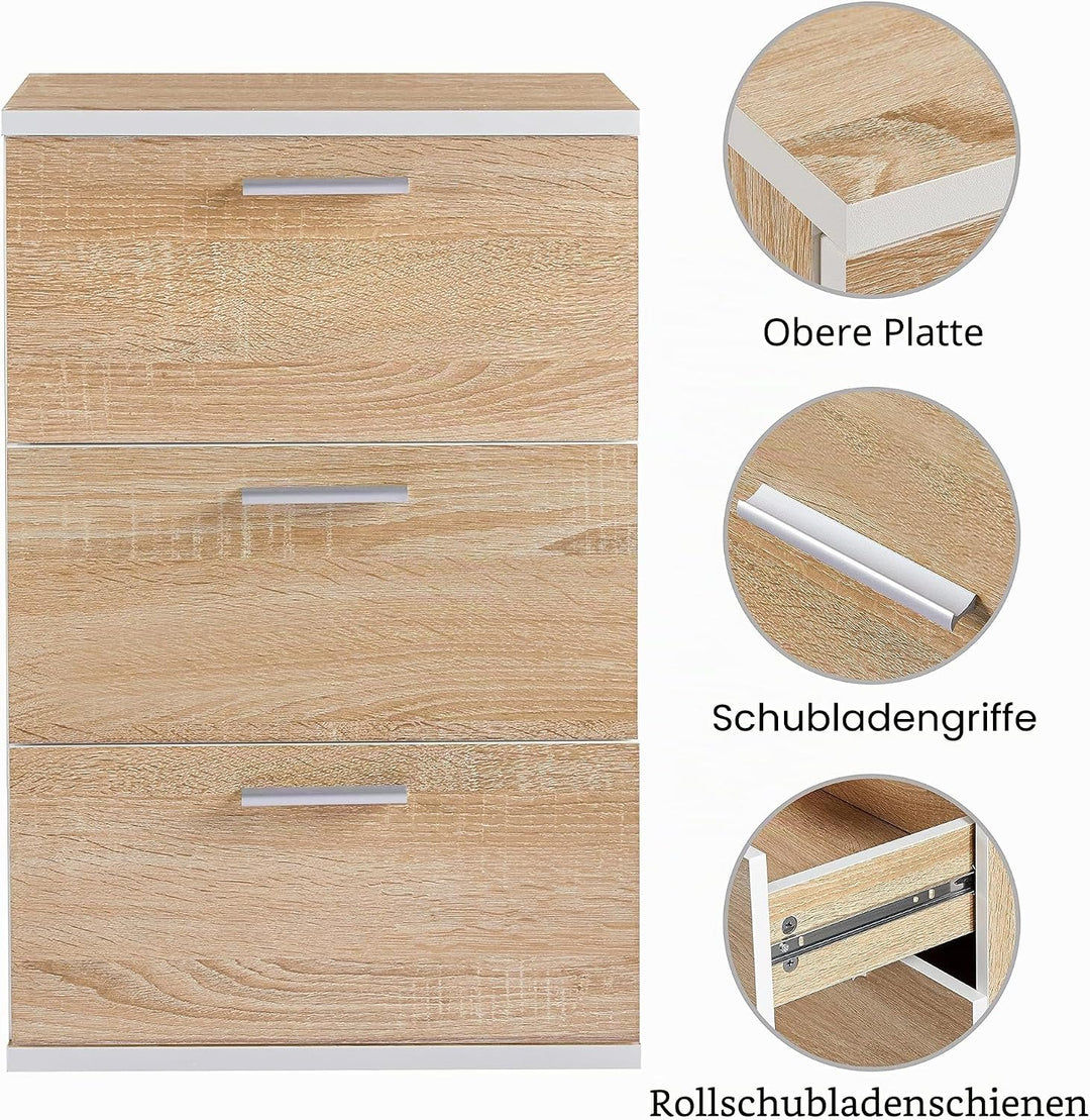 Yaheetech 2er Set Nachttisch Nachtschrank 3 Schubladen Nachtkommode mit Metallgriffe 60cm hoch Beist