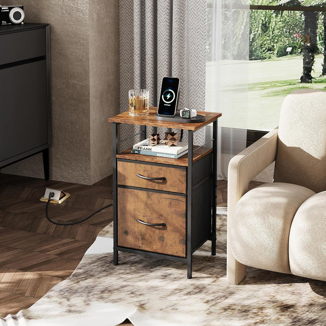 WLIVE Nachttisch mit Ladefunktion, Beistelltisch mit 2 USB-Anschlüssen & 2 Steckdosen, 3 Etagen Nach