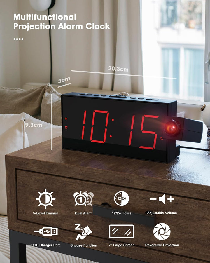 Projektionswecker für Schlafzimmer, digitaler wecker mit grosser 7" LED-Anzeige, Dimmer, 350° Projek