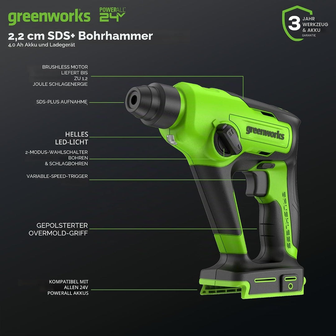 Greenworks 24V bürstenloser Akku-Bohrhammer, Schlagenergie 1,2 Joule, SDS-Plus, nur Werkzeug Nur Wer