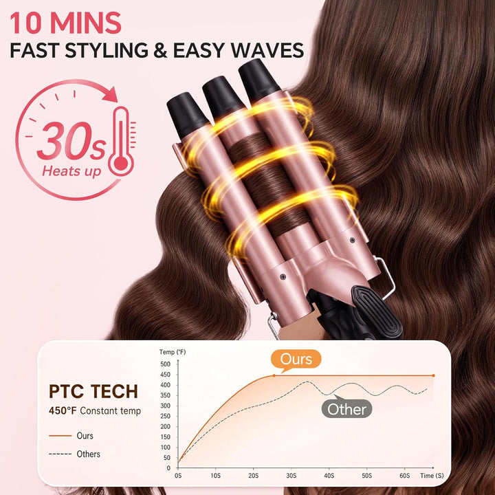 3 Fässer Welleneisen 25mm, 14 Stufen (100-230°C), Quarz-Keramik | Beach Waves Lockenstab Grosse Well