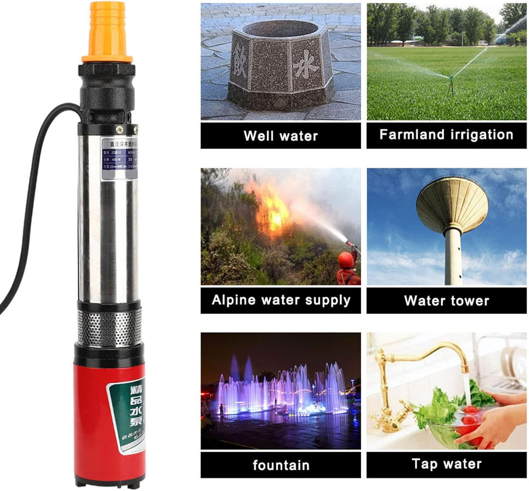 DC 12V Unterwasserpumpe, Tiefbrunnen Tauchpumpe Einseitig Saugende Wasserpumpe mit 2PI10 Meter Kabel