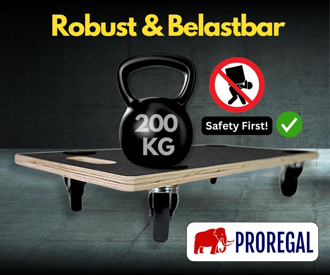 PROREGAL Profi Transportroller Hercules 30x60 cm Schwerlast bis 200 kg mit 4 Gummirollen & Griff, Si